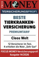Test seal: FOCUS MONEY: Beste Tierkrankenversicherung (Premiumtarif), Ausgabe 14/2026 for Cleos Welt Hundekrankenversicherung