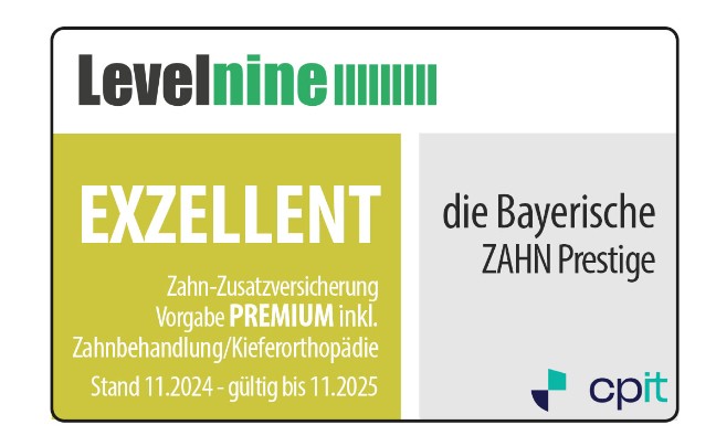 Testsiegel: Levelnine Rating „EXZELLENT“ (Stand 11/2024, gültig bis 11/2025) für die Bayerische, Tarif ZAHN Prestige