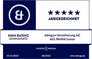 Testsiegel: MORGEN & MORGEN M&M Rating Zahnzusatz: 5 Sterne „Ausgezeichnet“ (08/2023) für Advigon Versicherung AG, Dental Luxus (AZL)