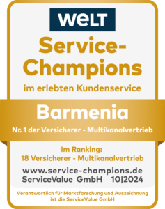 Testsiegel: Service-Champions GOLD: Nr. 1 der Versicherer im Multikanalvertrieb (ServiceValue, 10/2024) für Barmenia (Anbieter der Pferde-OP-Versicherung)