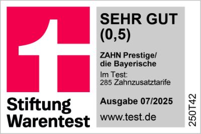 Testsiegel: Stiftung Warentest „SEHR GUT (0,5)“, Ausgabe 07/2025 (285 Tarife im Test) für die Bayerische, Tarif ZAHN Prestige